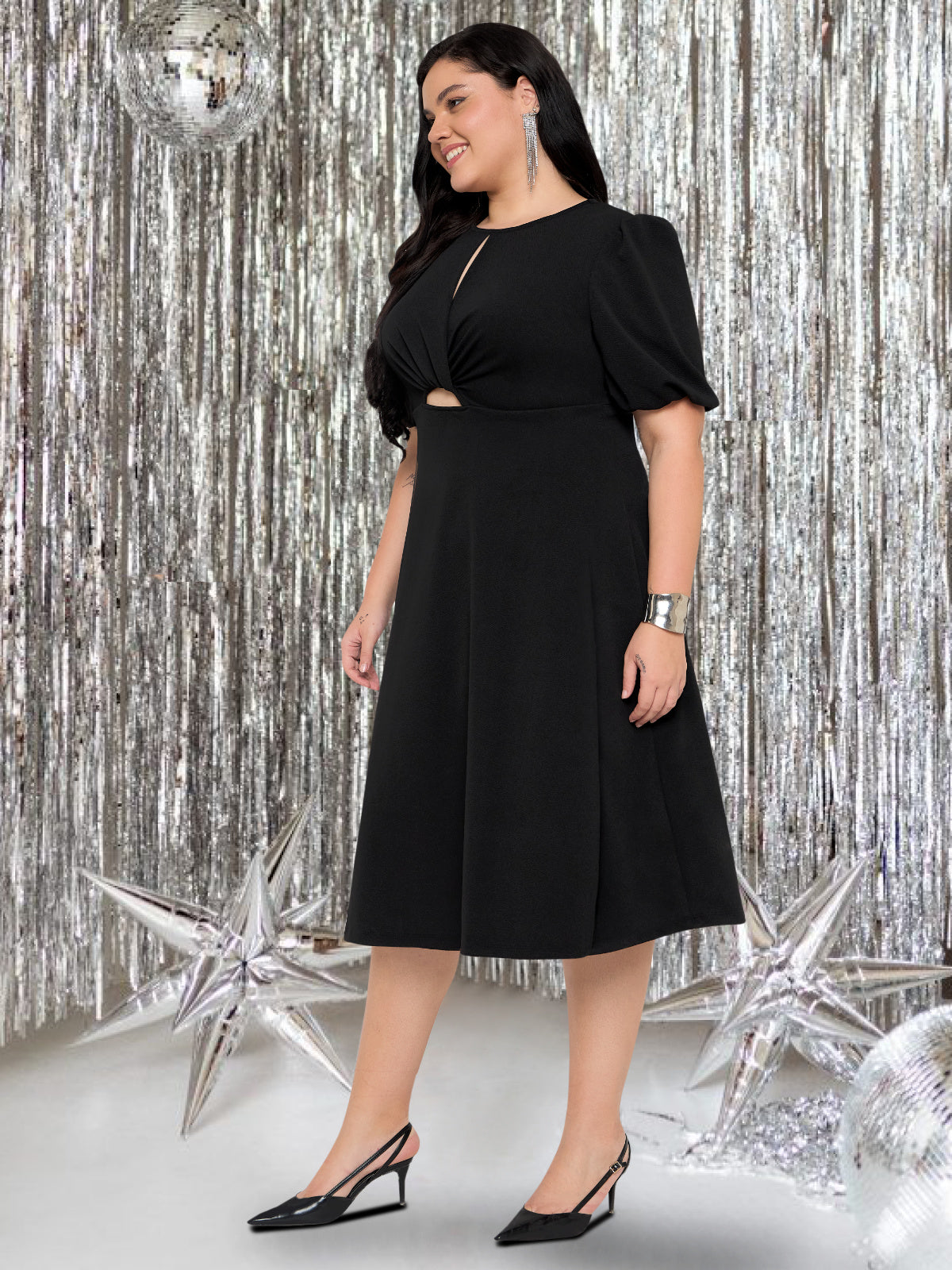 Women Black Plus Size Waist Cutout Balloon Sleeve Dress