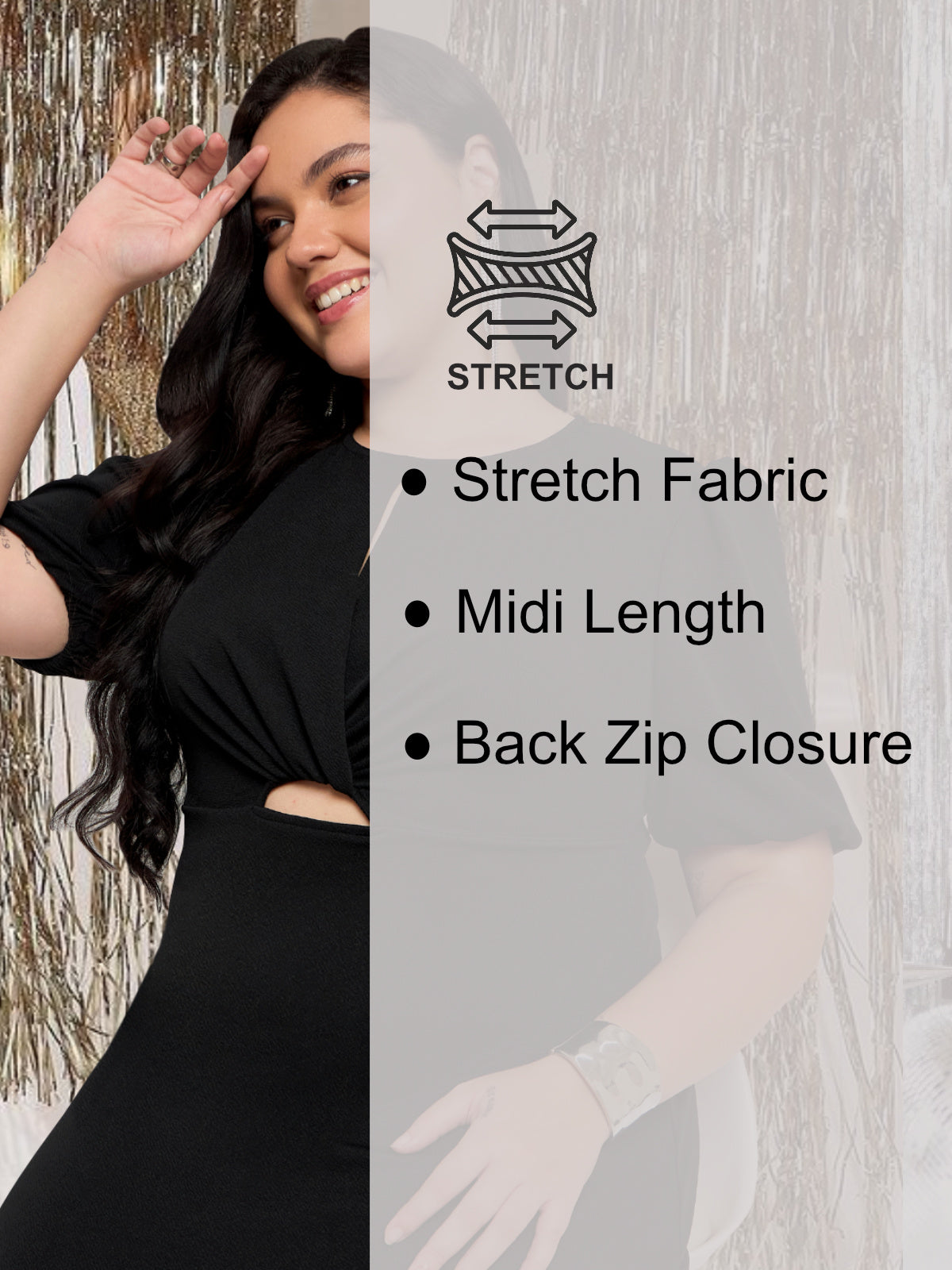 Women Black Plus Size Waist Cutout Balloon Sleeve Dress
