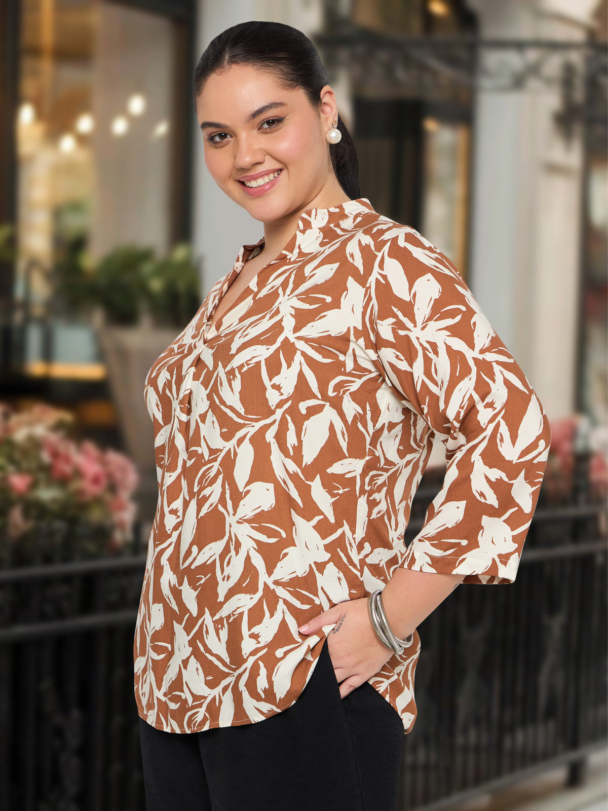 Women Black White Plus Size Buttoned Tunic Top