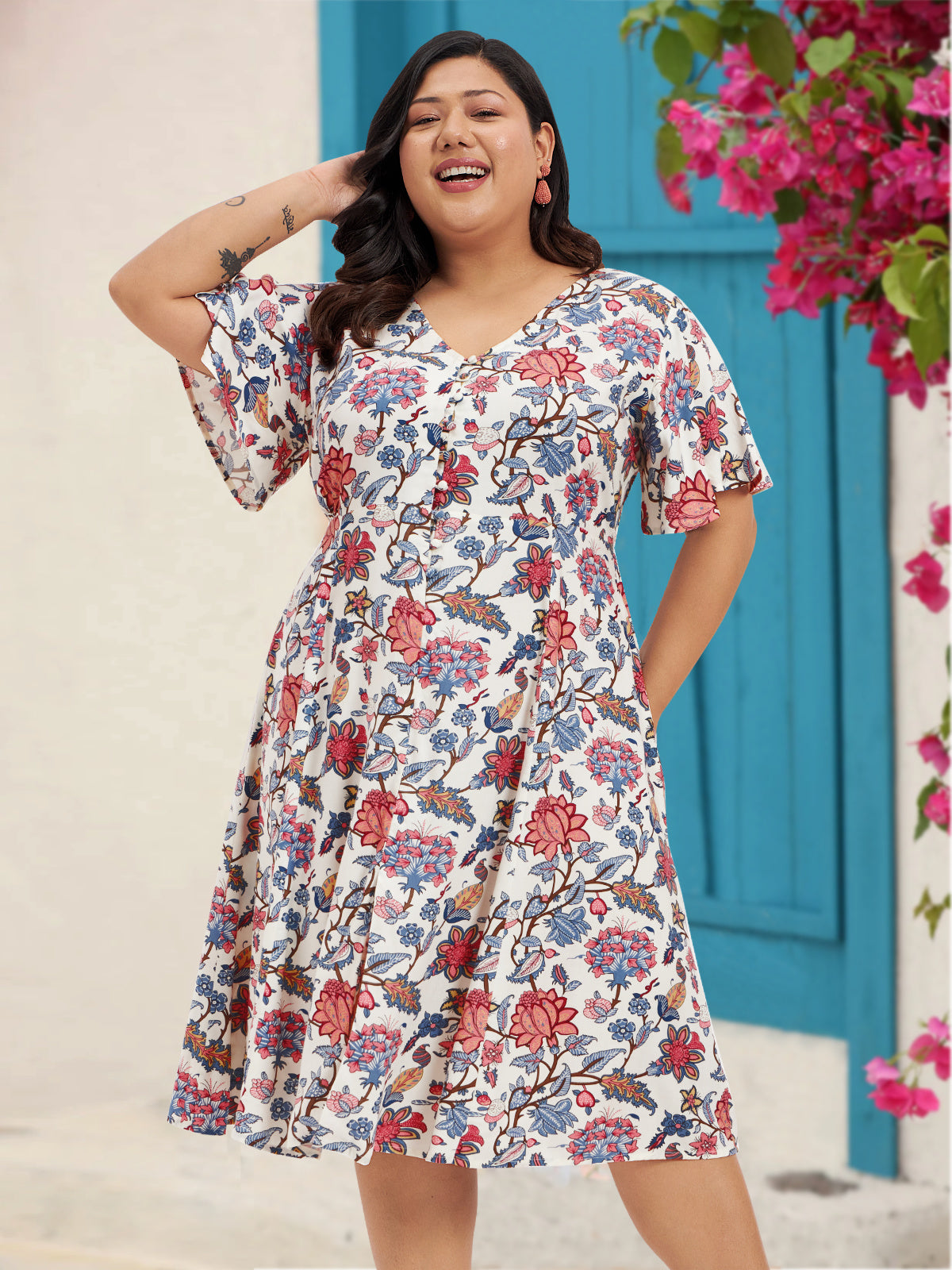 Women Off White Floral Plus Size A- Line Dress