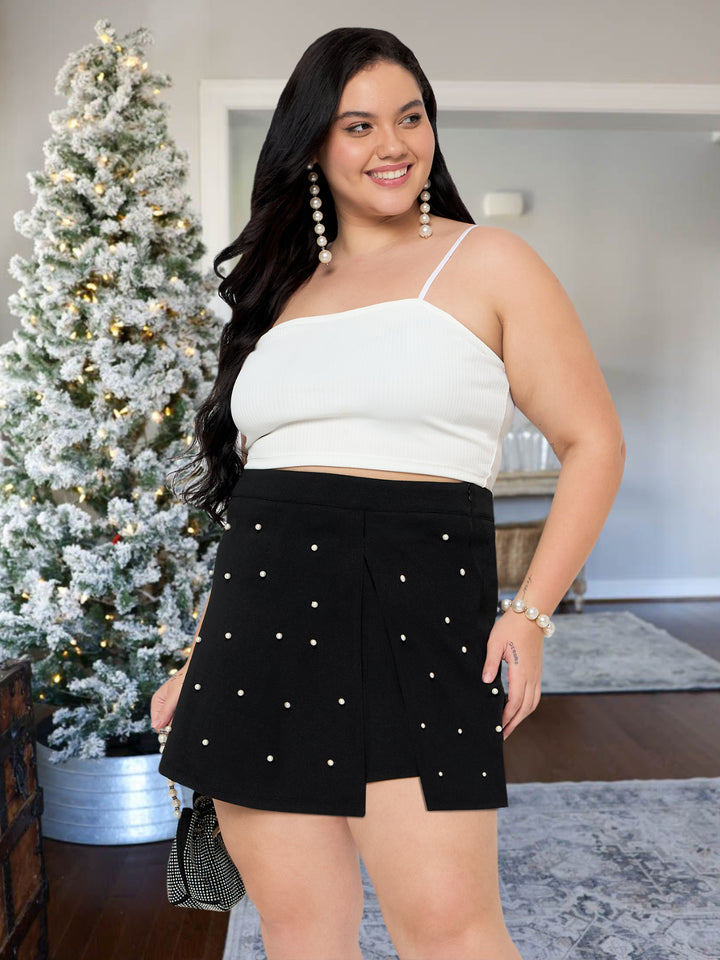 Black Plus Size White Pearl Skort