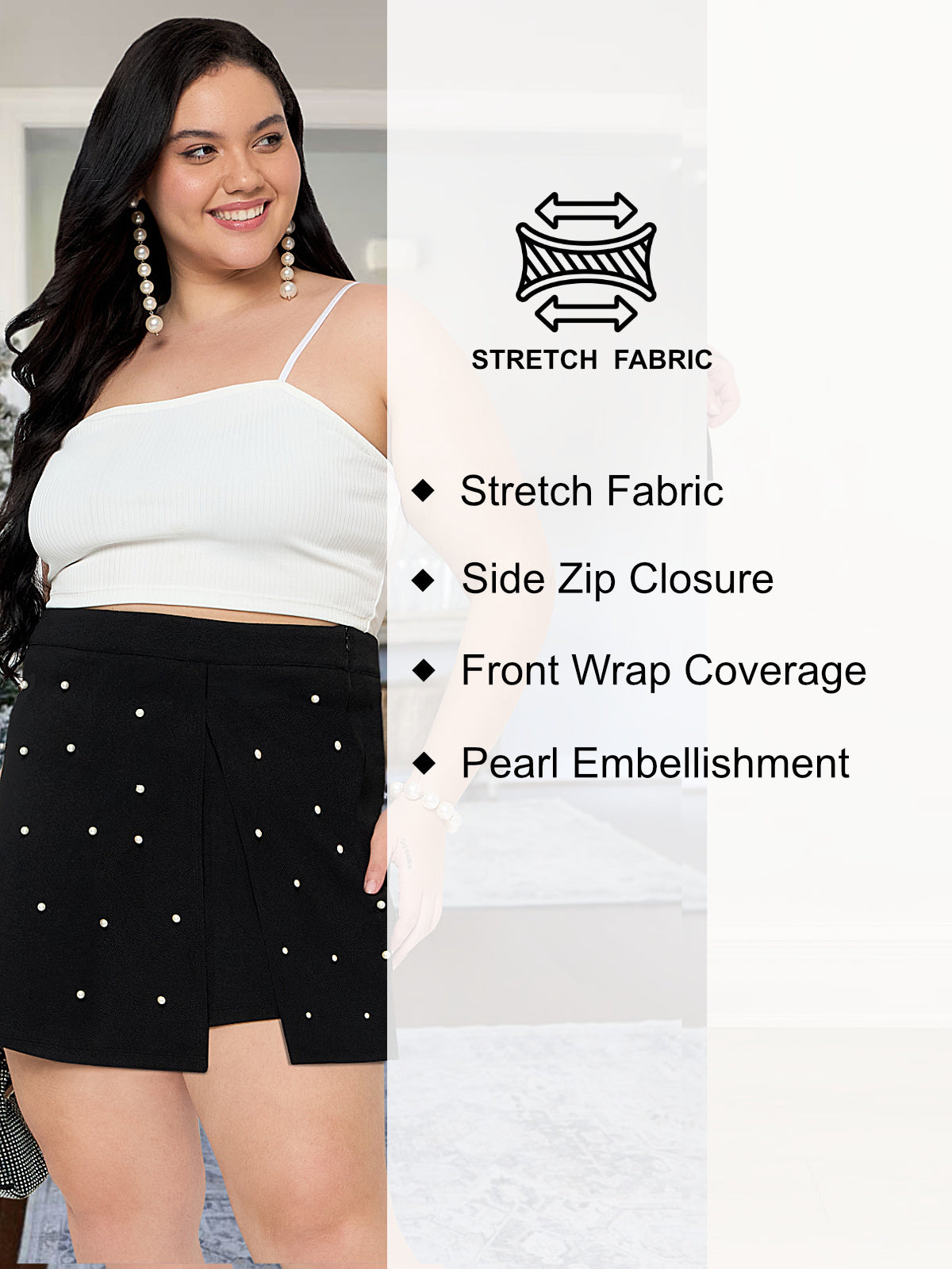 Black Plus Size White Pearl Skort