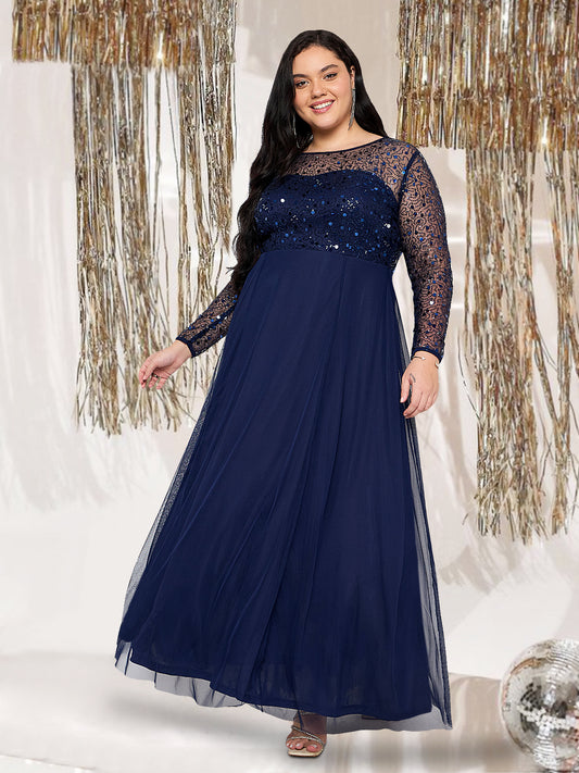 Blue Plus Size Net Embroidery Gown
