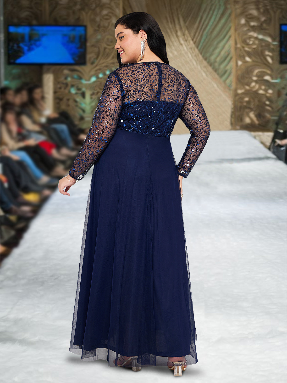 Blue Plus Size Net Embroidery Gown