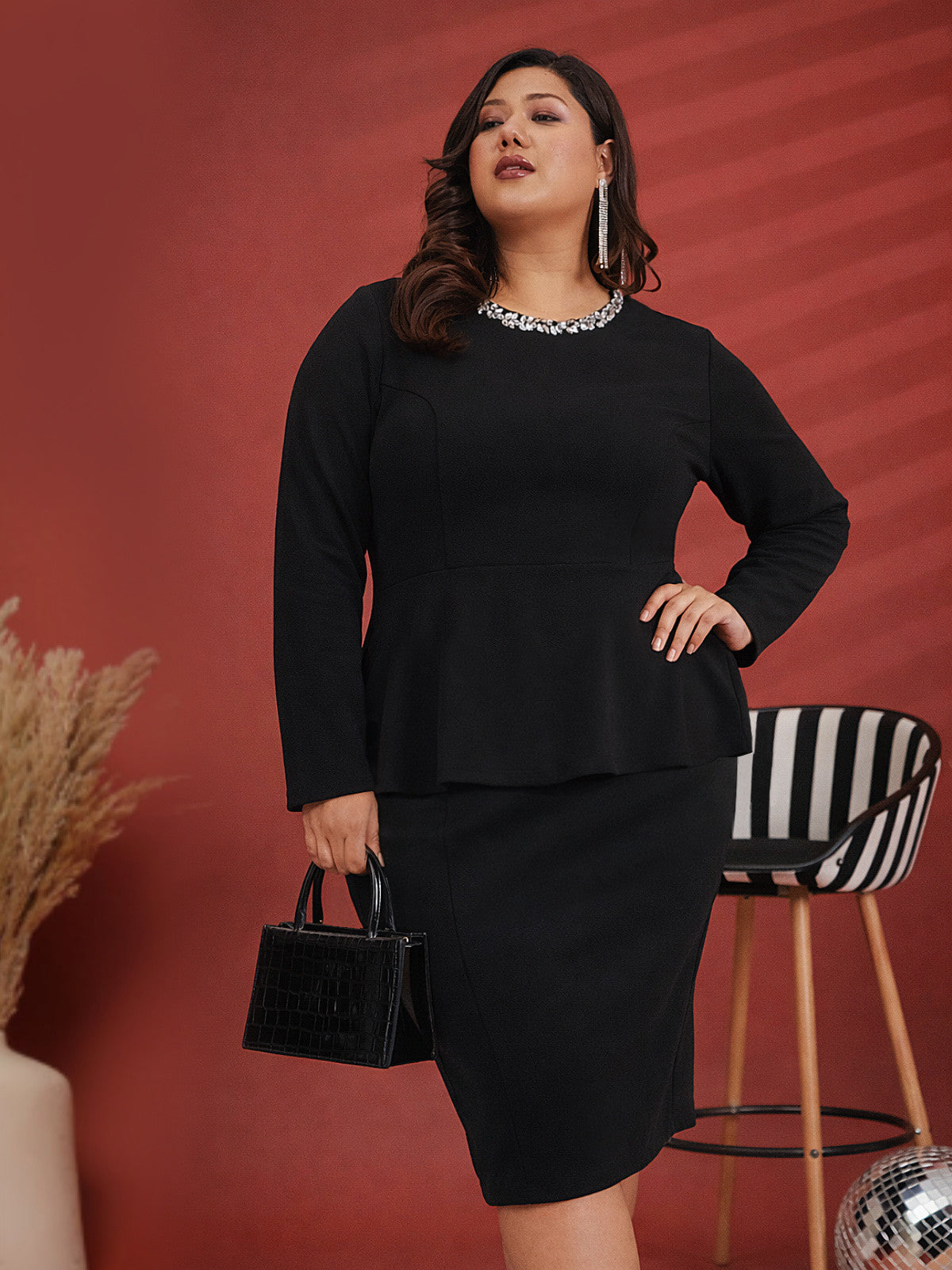 Black Plus Size Embellished Skirt and Top Co-ord set