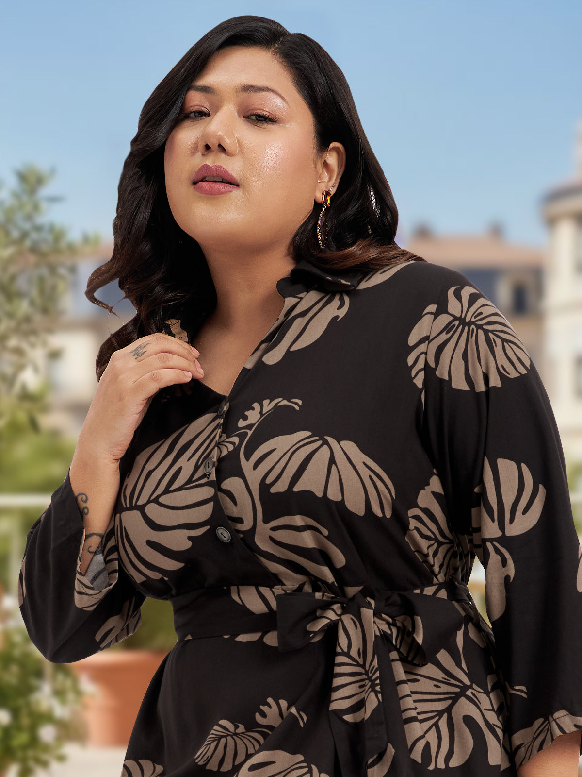 Brown Plus Size Tropical Print Shirt Dress With Pocket