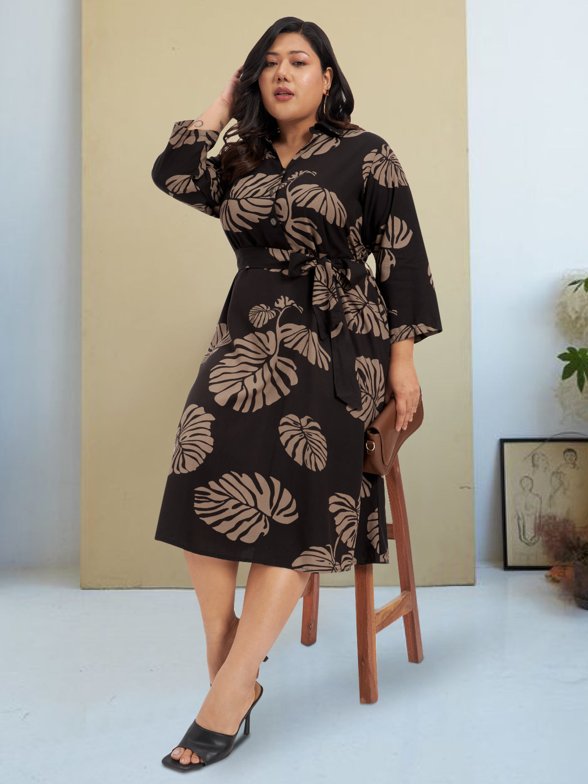 Brown Plus Size Tropical Print Shirt Dress With Pocket