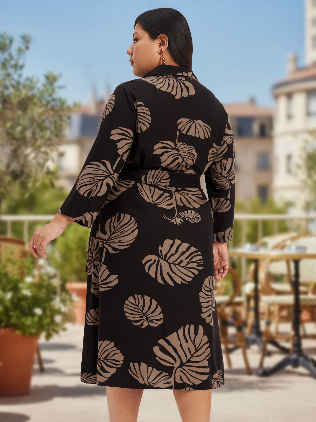 Brown Plus Size Tropical Print Shirt Dress With Pocket