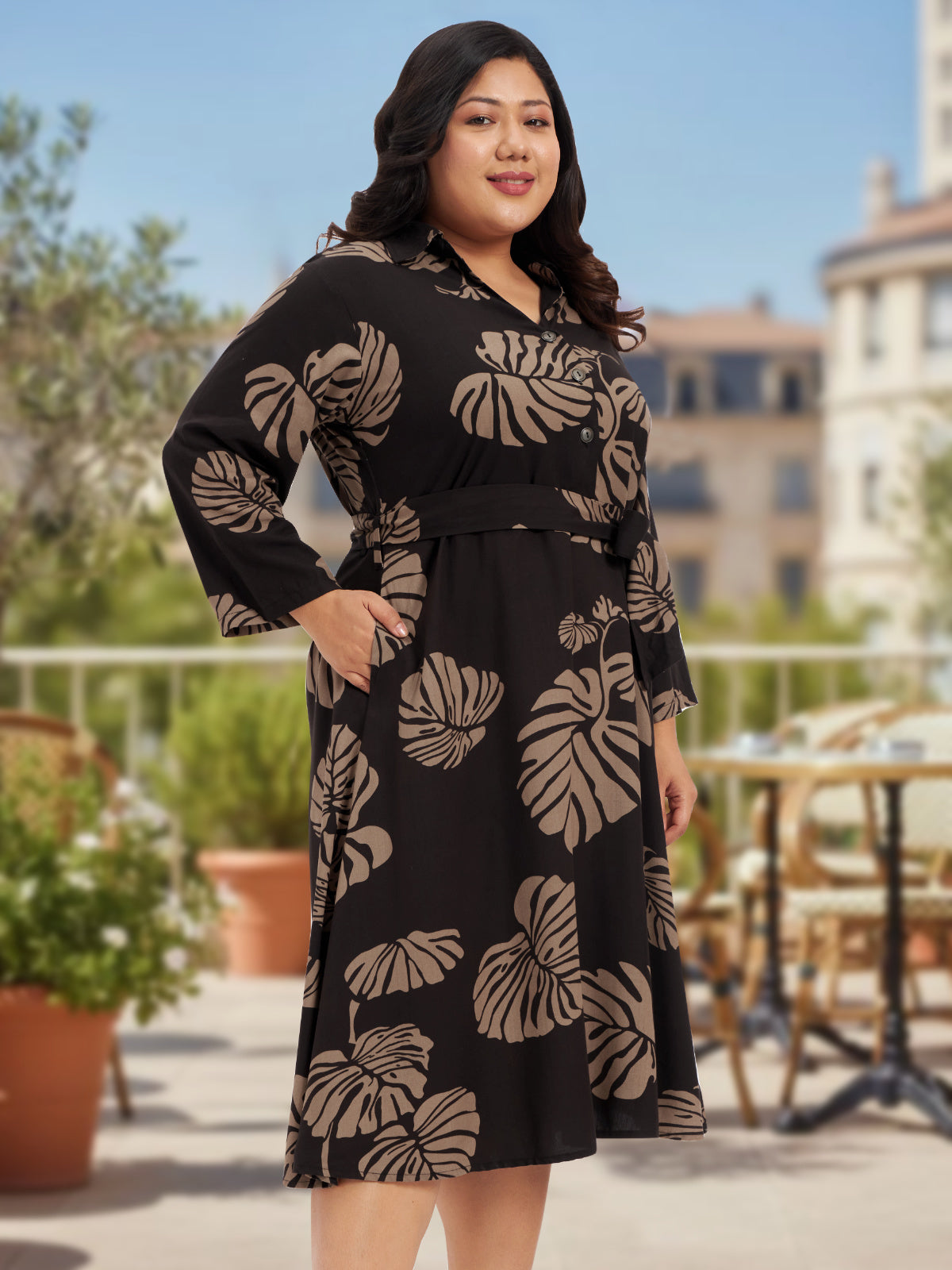 Brown Plus Size Tropical Print Shirt Dress With Pocket