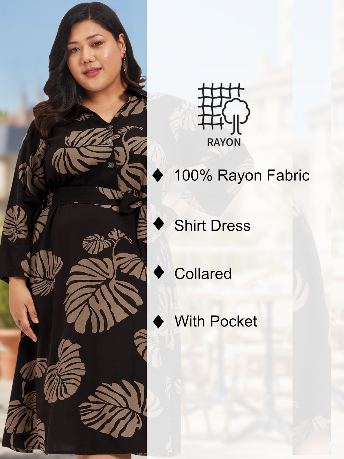Brown Plus Size Tropical Print Shirt Dress With Pocket