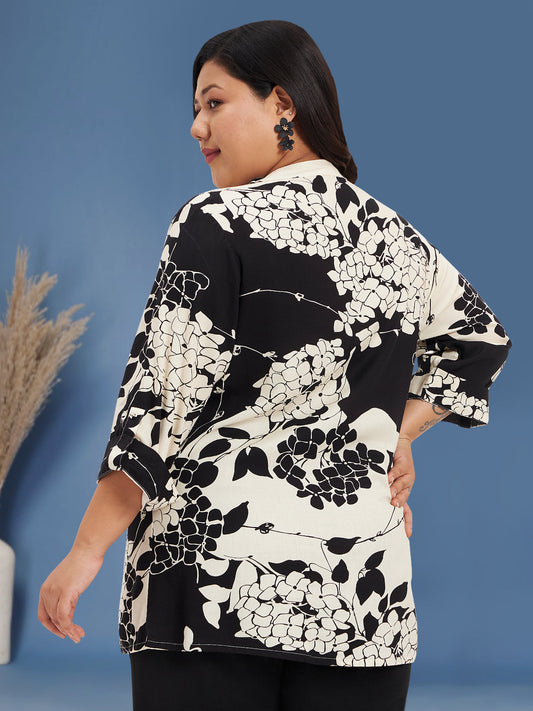 Women Black White Plus Size Buttoned Tunic Top