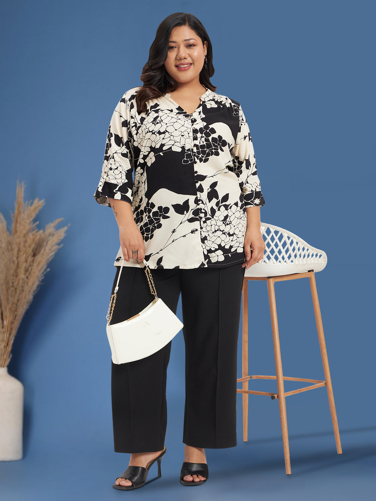 Women Black White Plus Size Buttoned Tunic Top