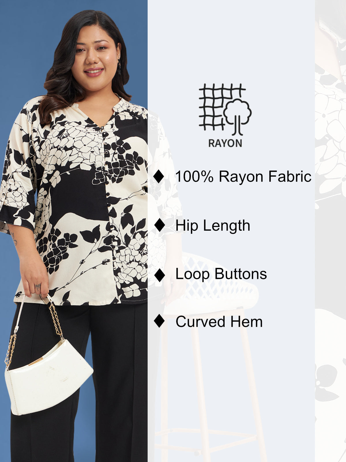Women Black White Plus Size Buttoned Tunic Top