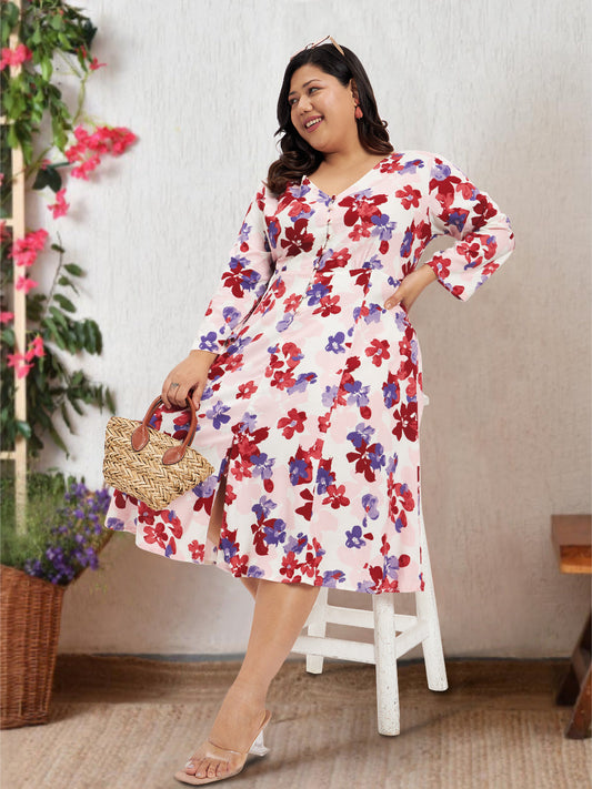 Women Red White Plus Size Floral Print Rayon Dress