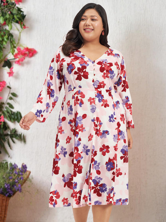 Women Red White Plus Size Floral Print Rayon Dress