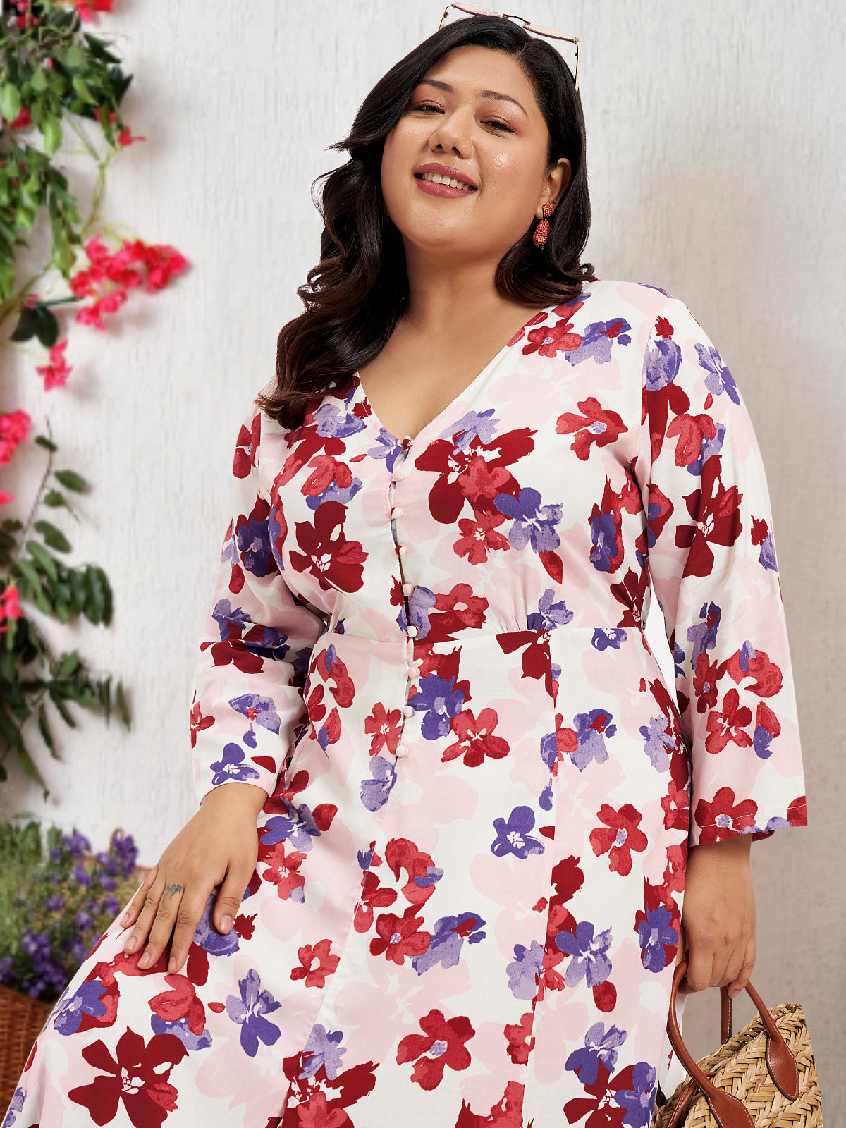 Women Red White Plus Size Floral Print Rayon Dress