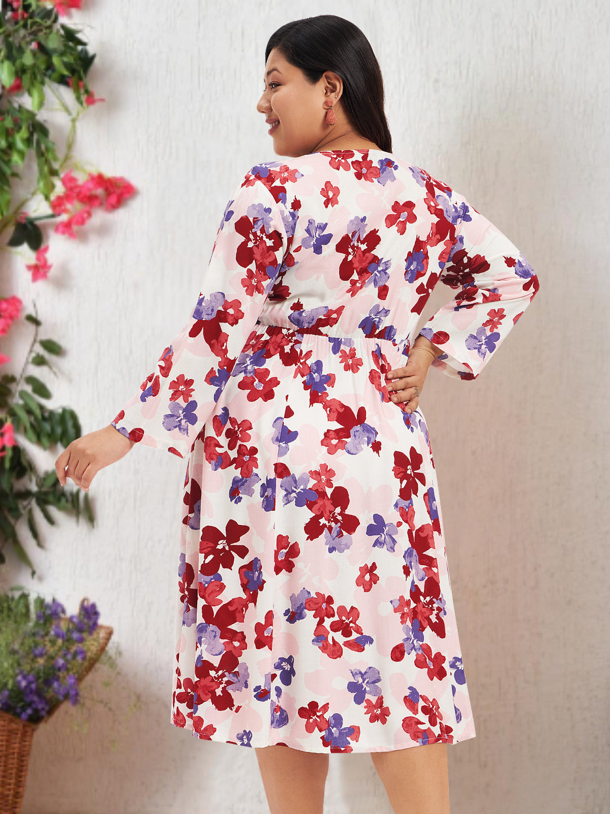 Women Red White Plus Size Floral Print Rayon Dress