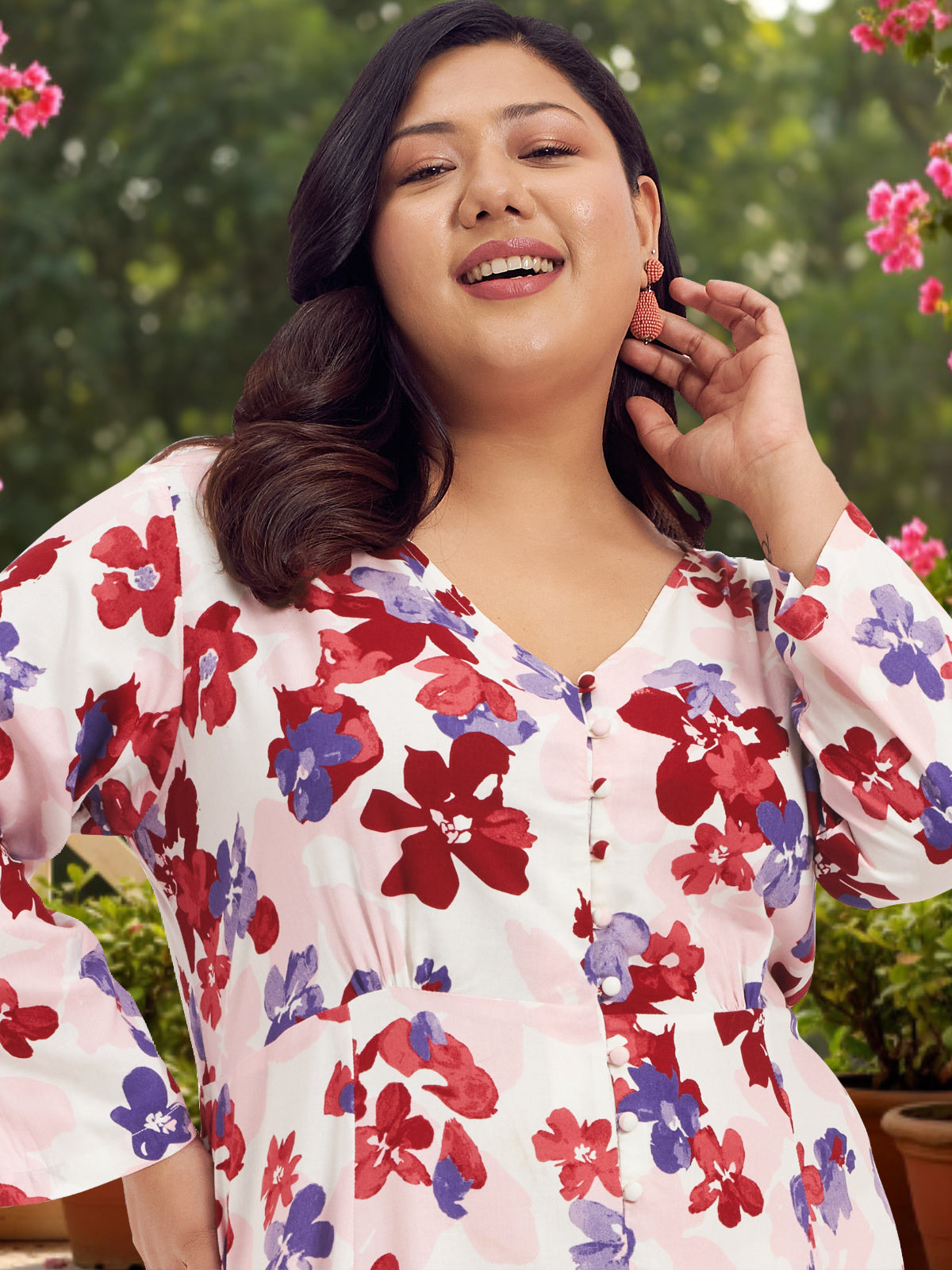 Women Red White Plus Size Floral Print Rayon Dress