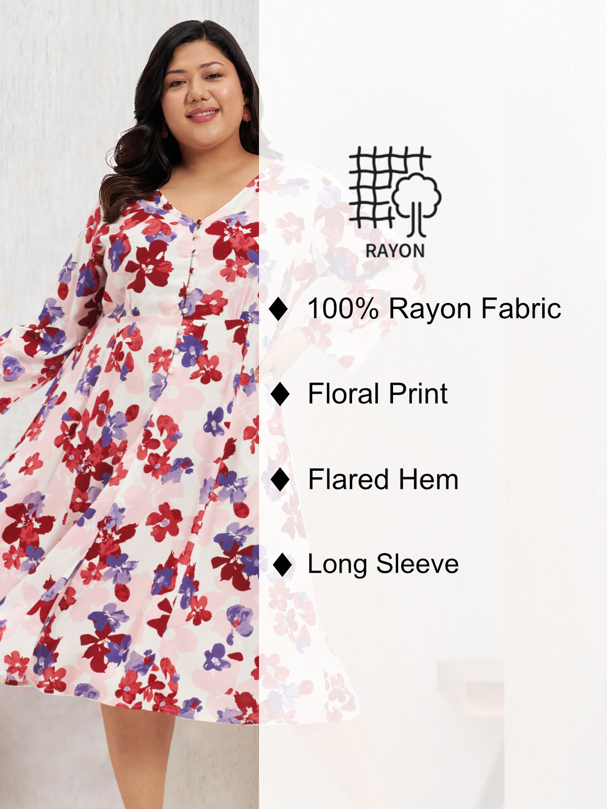 Women Red White Plus Size Floral Print Rayon Dress