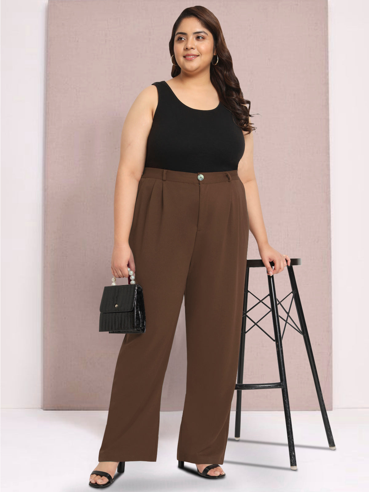 Mocha Brown Plus Size Wide Leg Stretch Trouser