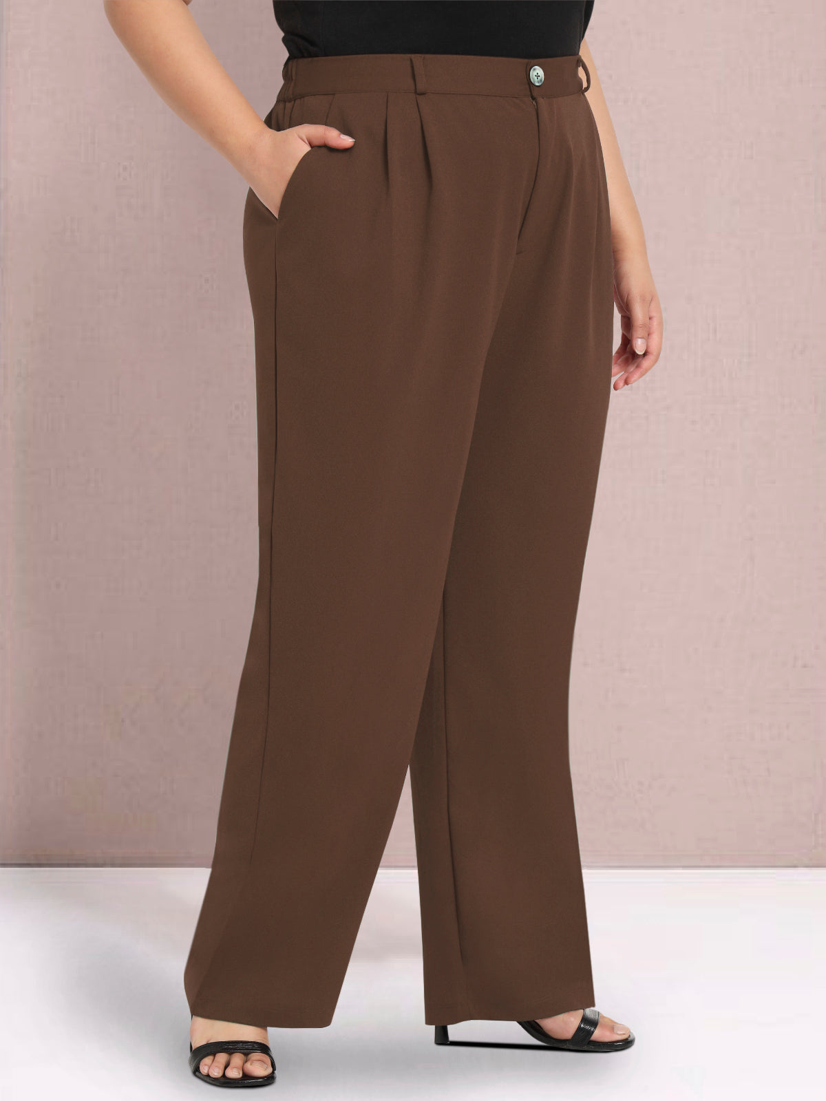 Mocha Brown Plus Size Wide Leg Stretch Trouser