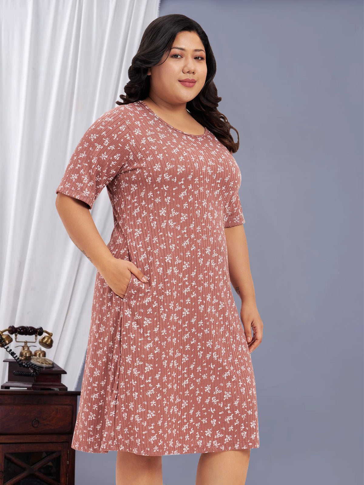 Pink Cotton Plus Size Printed Nighty