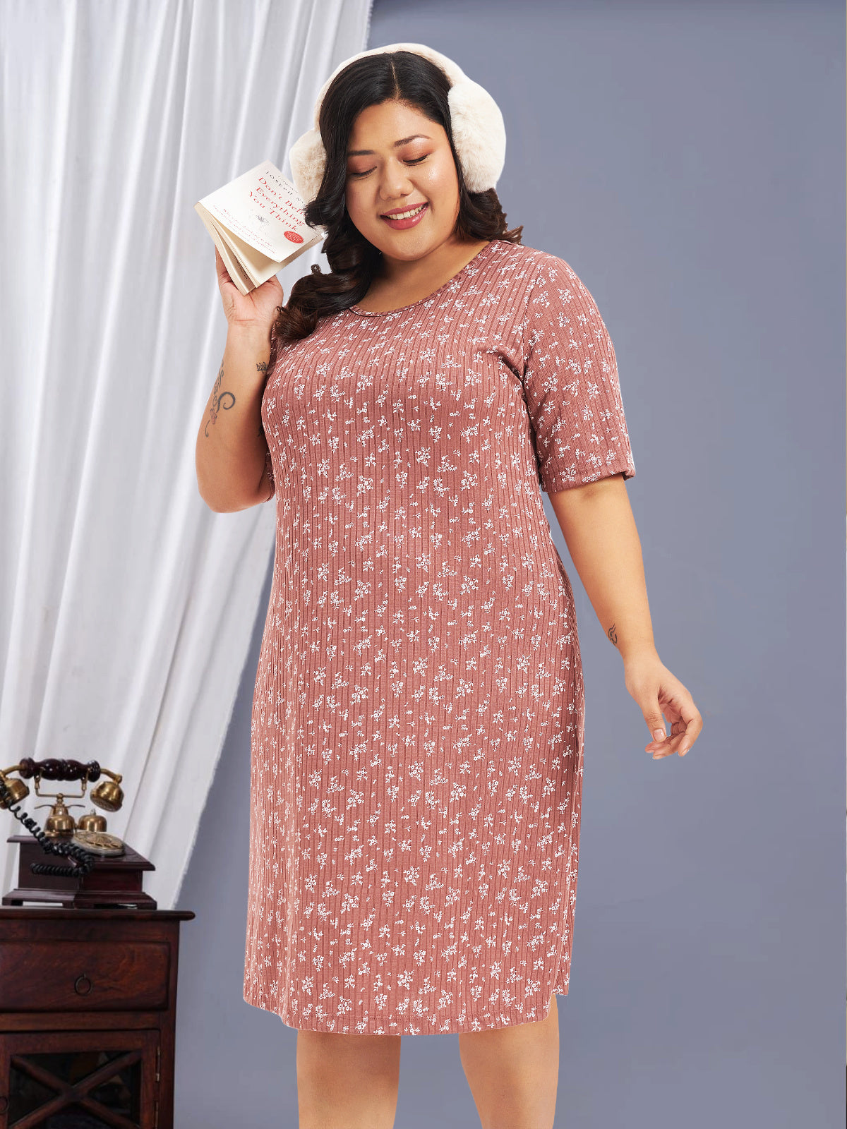 Pink Cotton Plus Size Printed Nighty