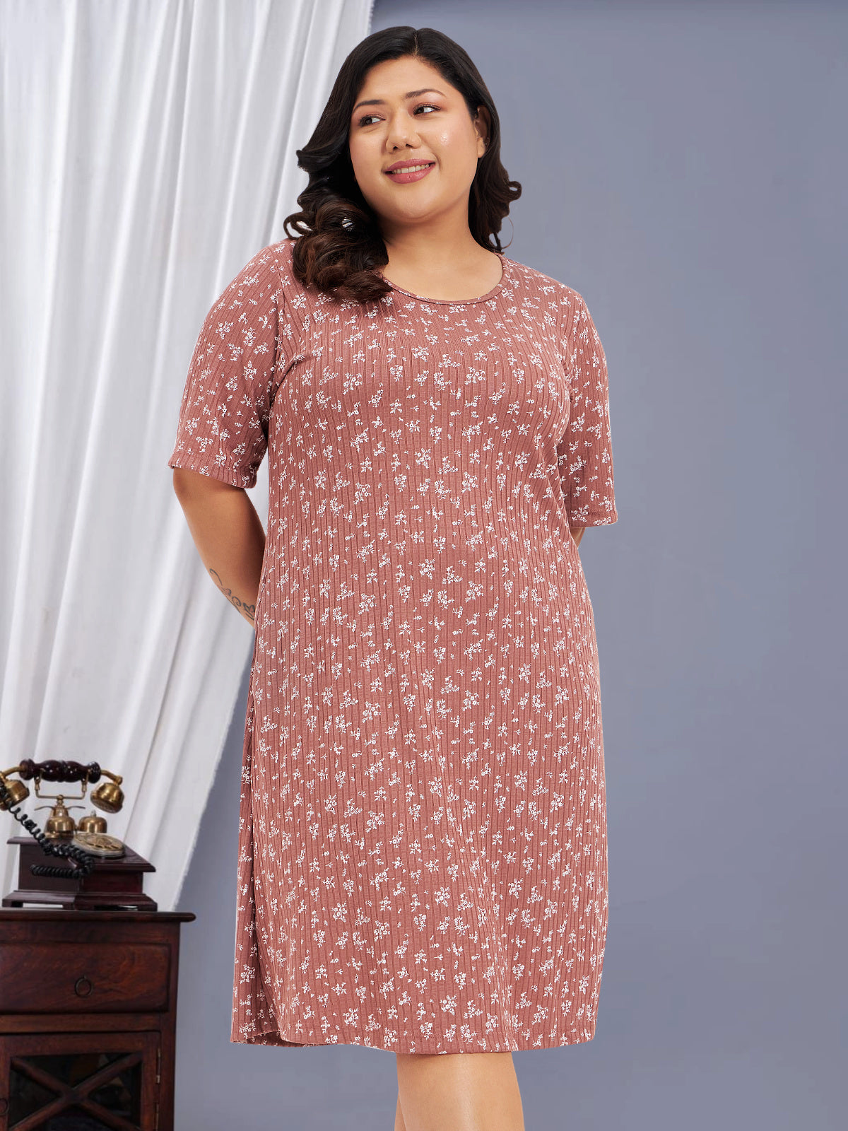 Pink Cotton Plus Size Printed Nighty