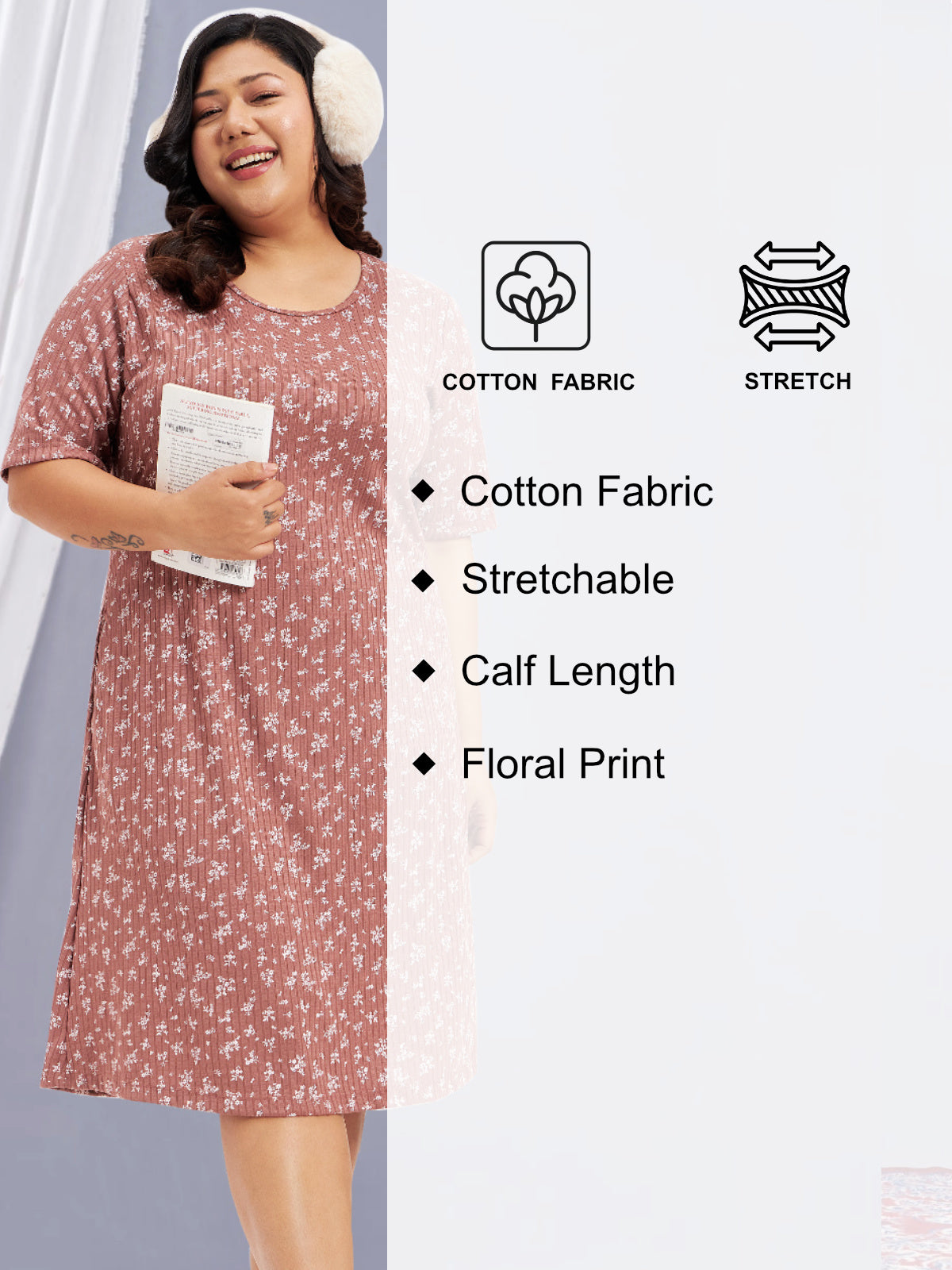 Pink Cotton Plus Size Printed Nighty