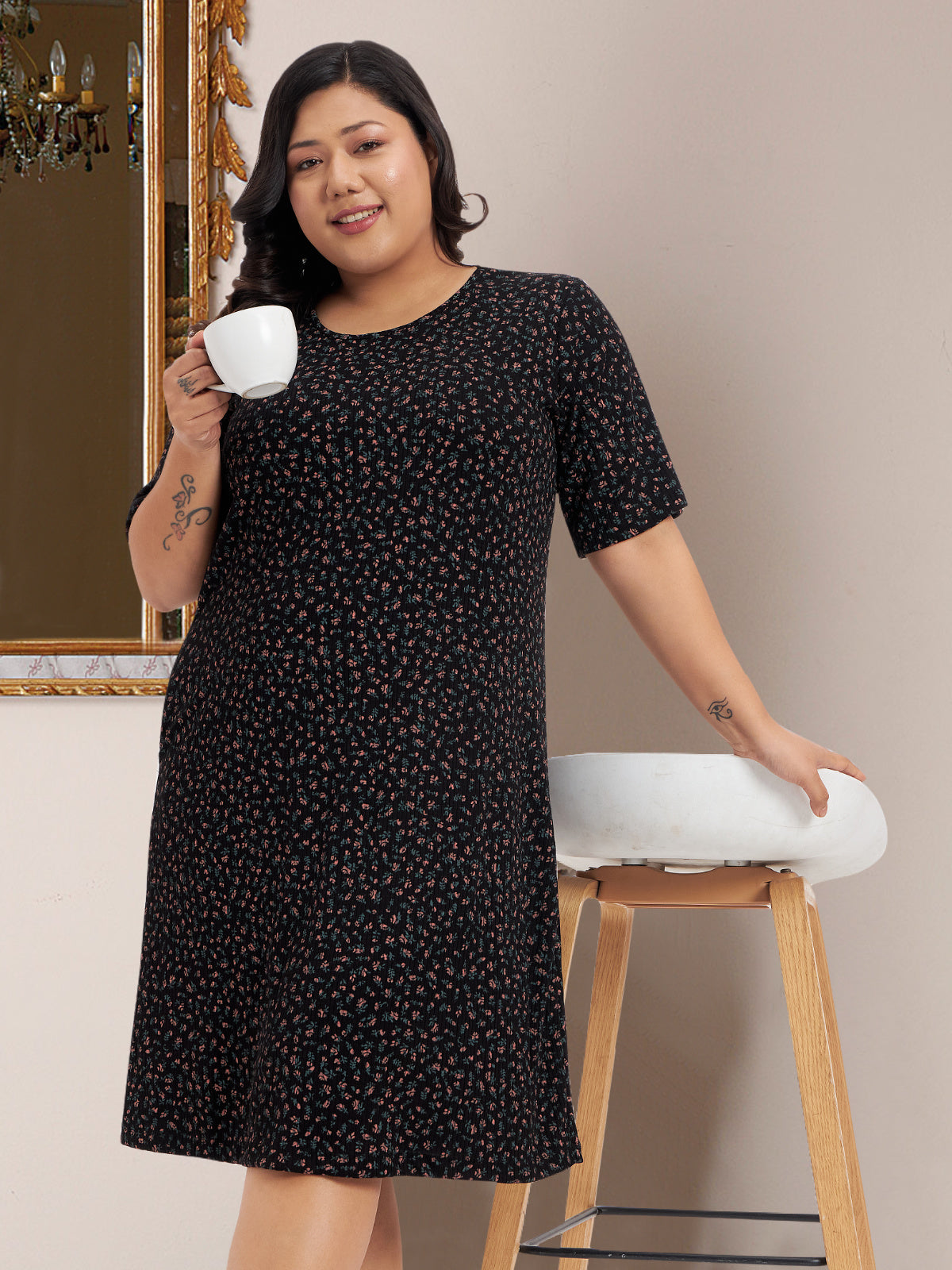Black Cotton Plus Size Printed Nighty