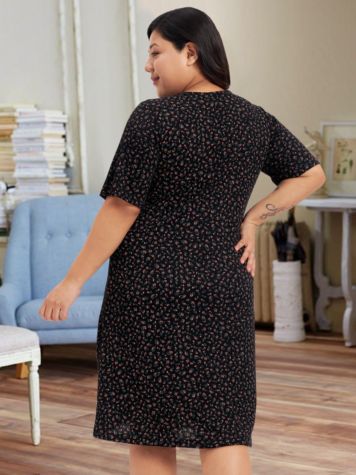 Black Cotton Plus Size Printed Nighty