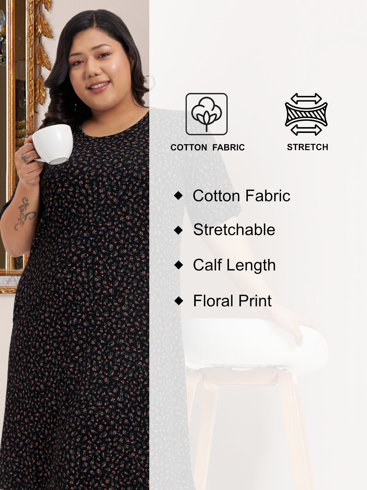 Black Cotton Plus Size Printed Nighty