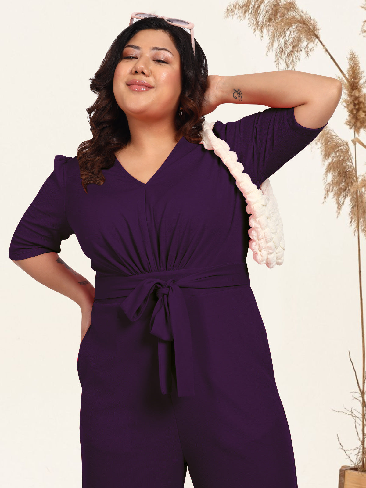 Purple Plus Size Front Tie Up Jumpsuit