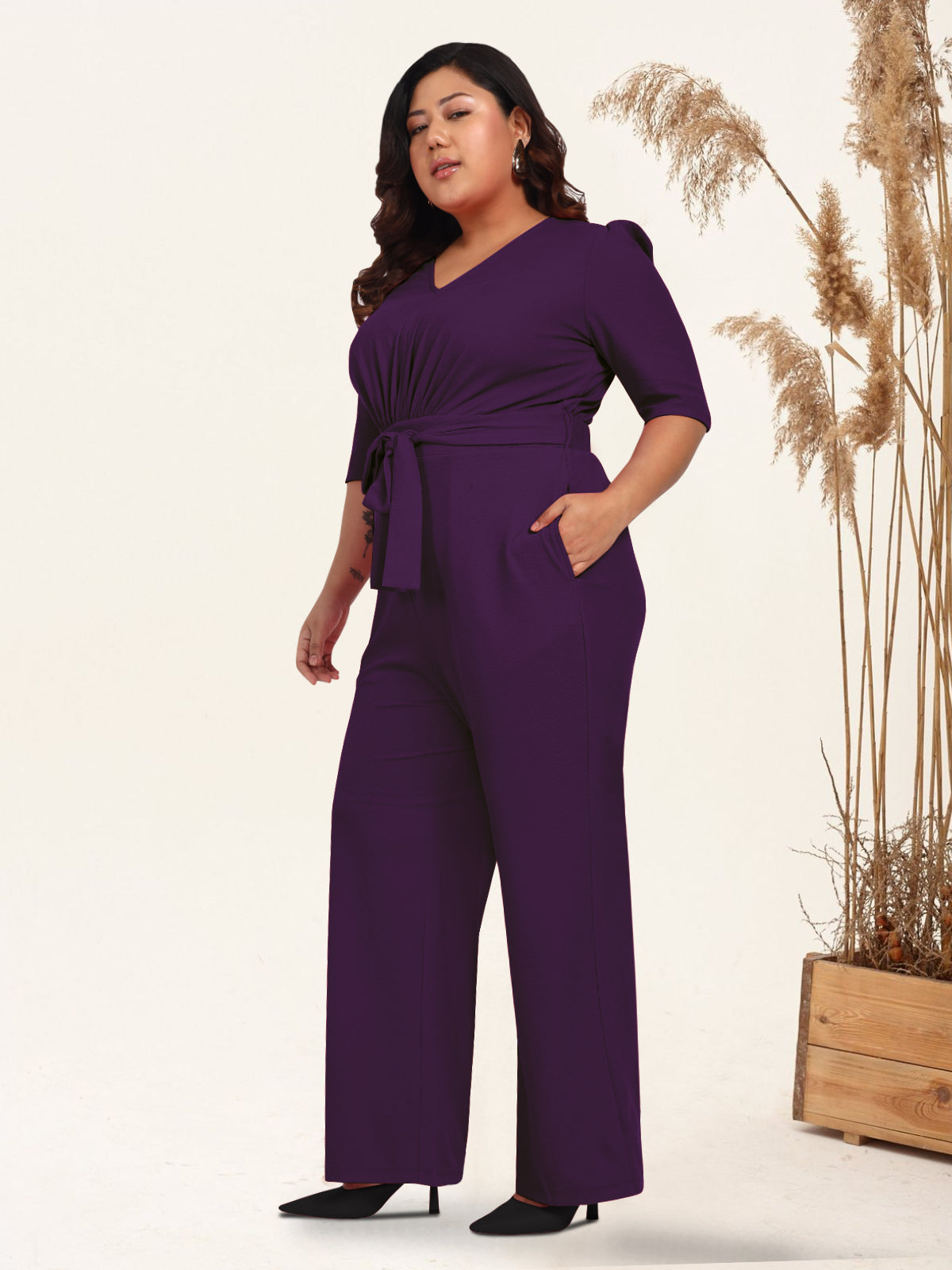 Purple Plus Size Front Tie Up Jumpsuit