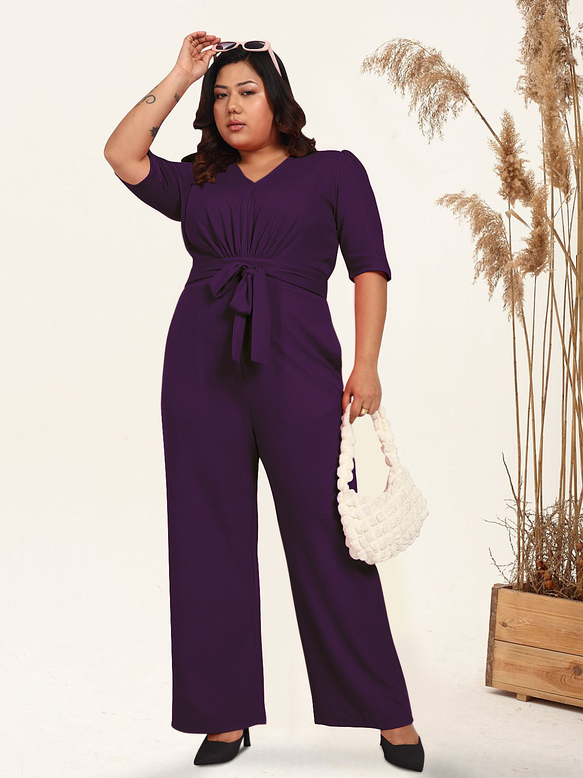 Purple Plus Size Front Tie Up Jumpsuit
