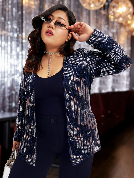 Blue Silver Plus Size Sequinned Shrug