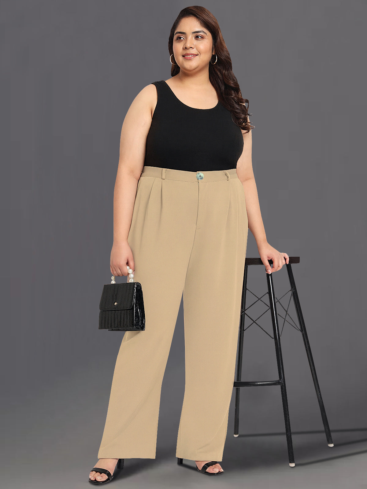 Light Beige Plus Size Wide Leg Stretch Trouser