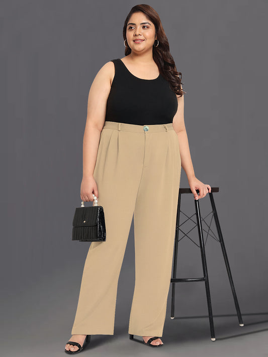 Light Beige Plus Size Wide Leg Stretch Trouser