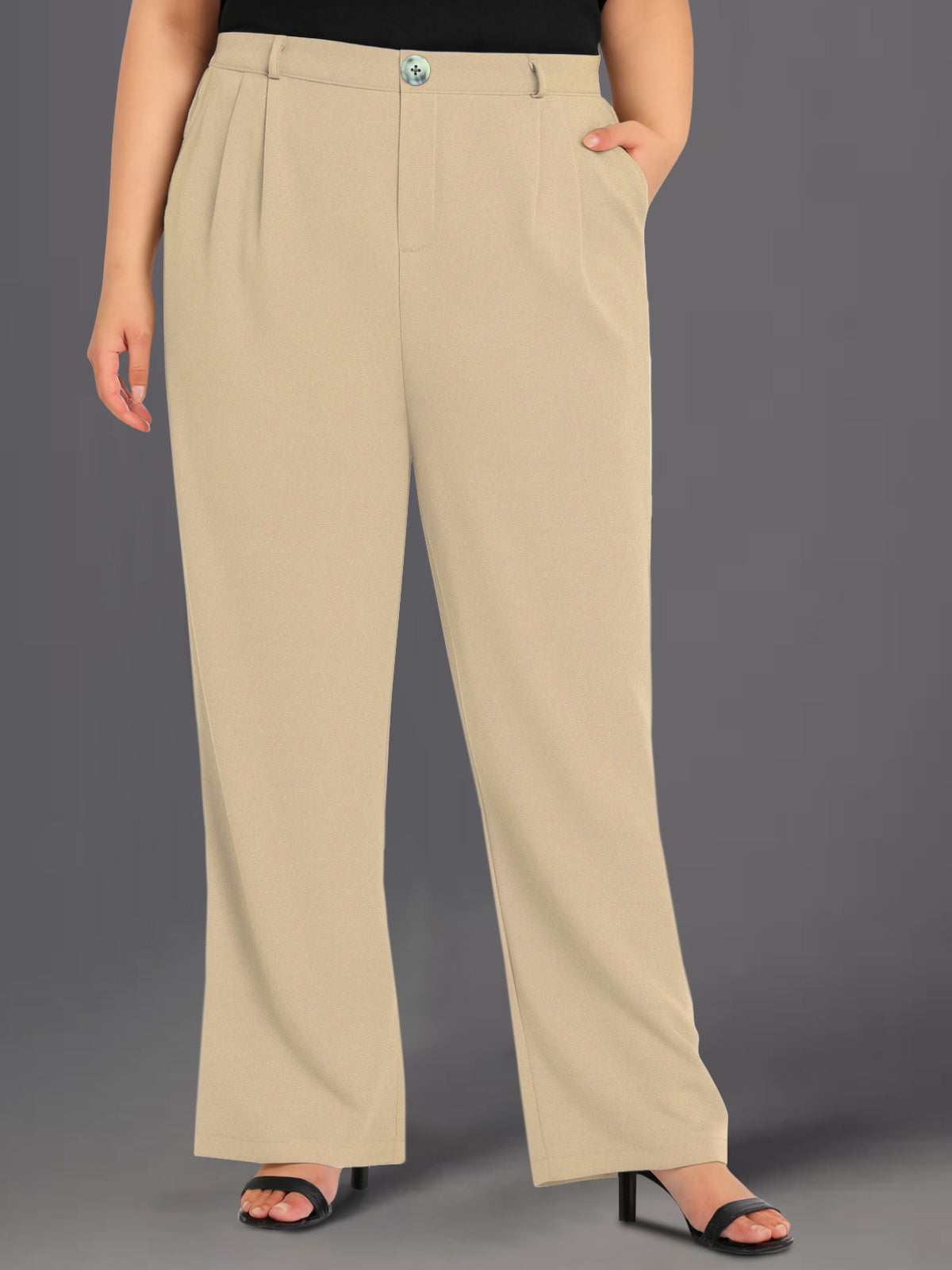 Light Beige Plus Size Wide Leg Stretch Trouser