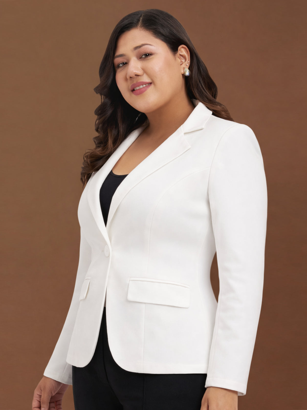 Women Off White Plus Size Single Breasted Blazer