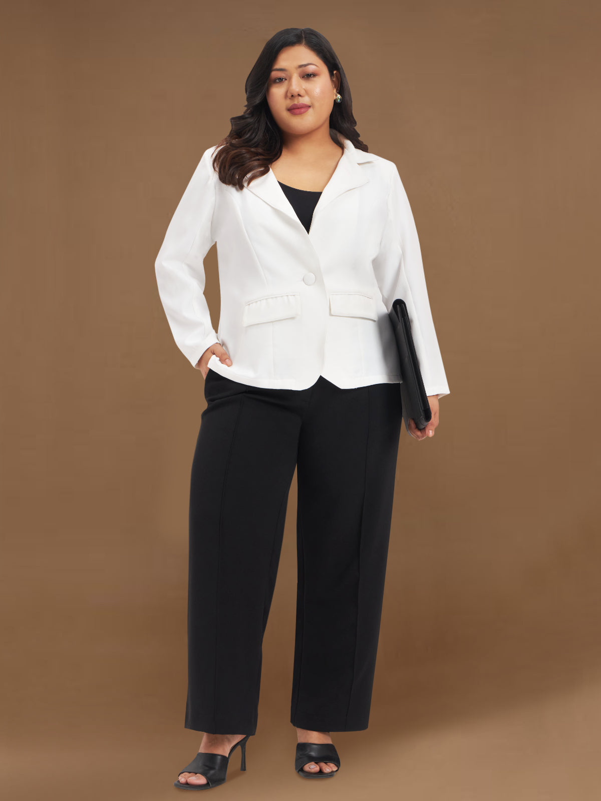 Women Off White Plus Size Single Breasted Blazer