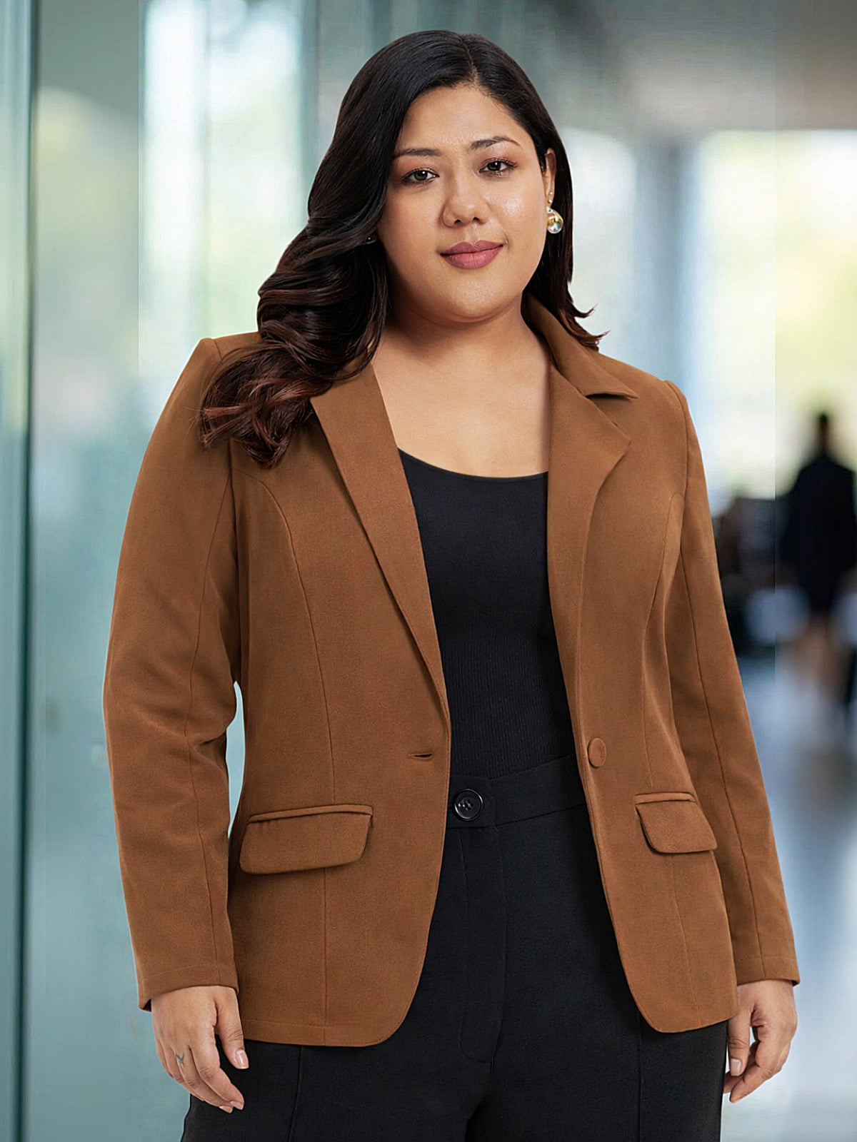 Women Mocha Brown Plus Size Single Breasted Blazer