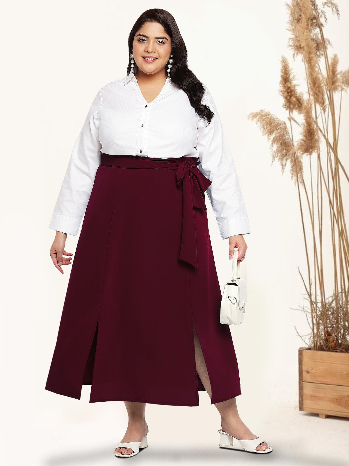 Maroon Plus Size Slit Long Skirt