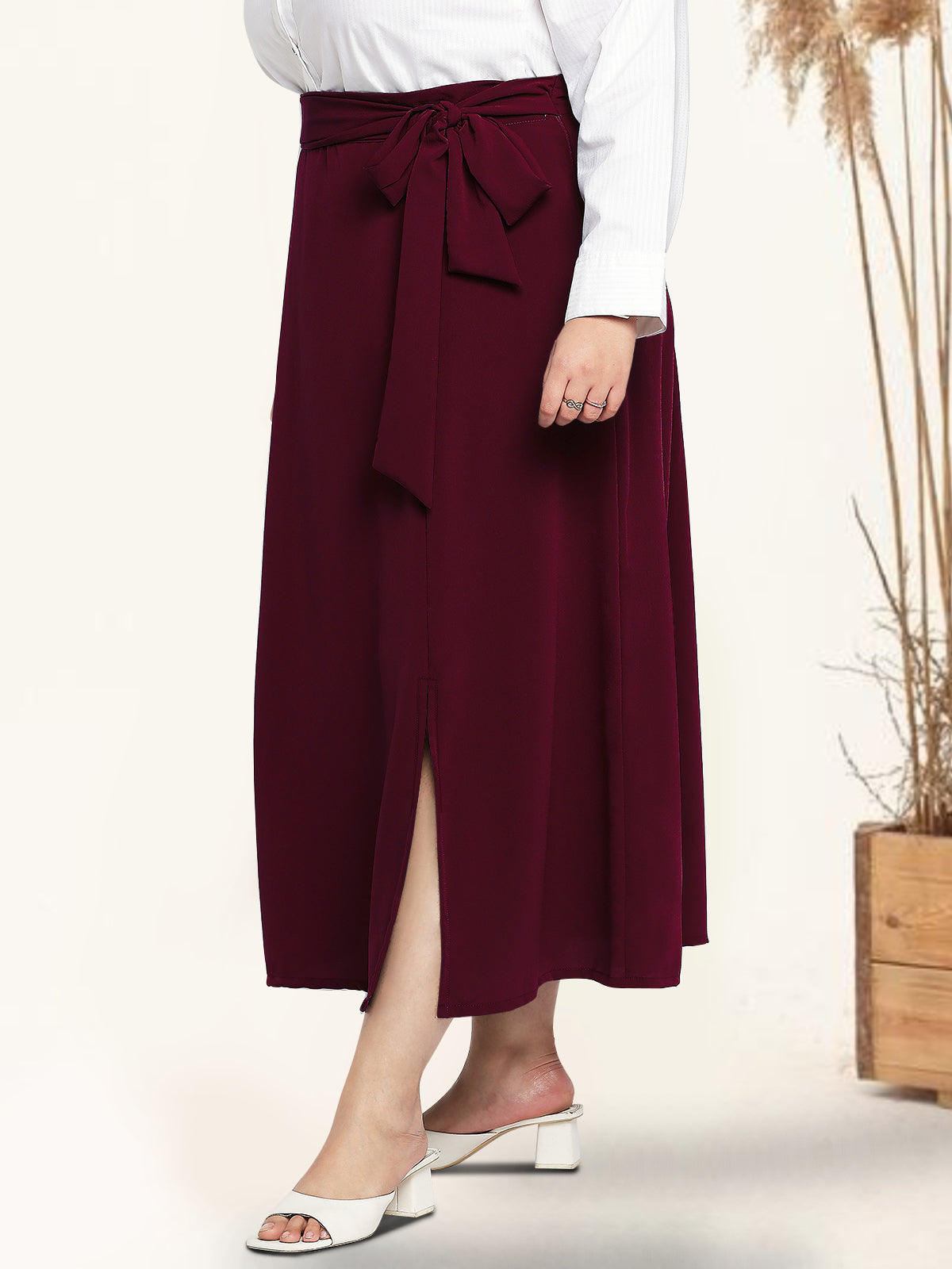 Maroon Plus Size Slit Long Skirt