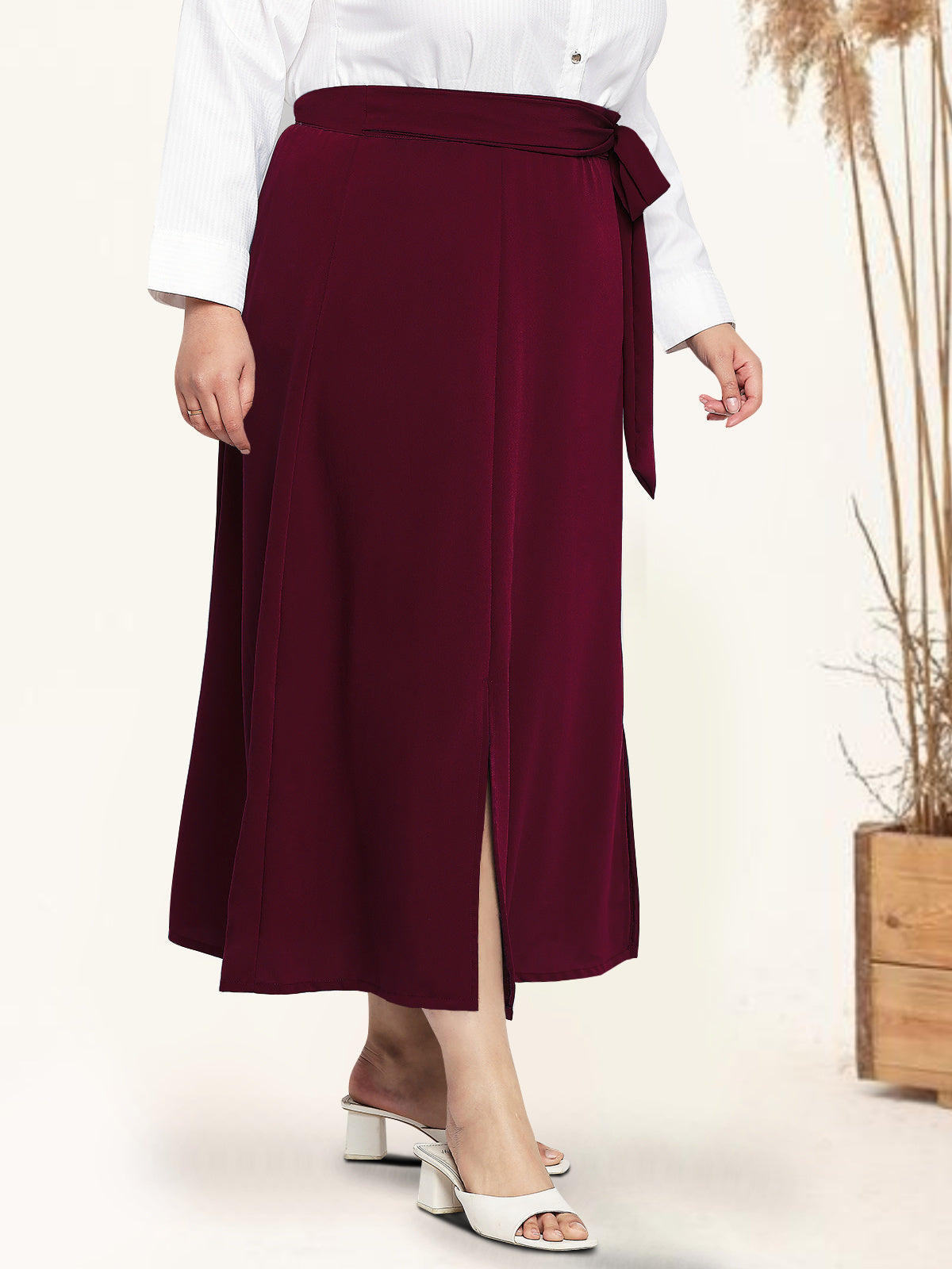 Maroon Plus Size Slit Long Skirt