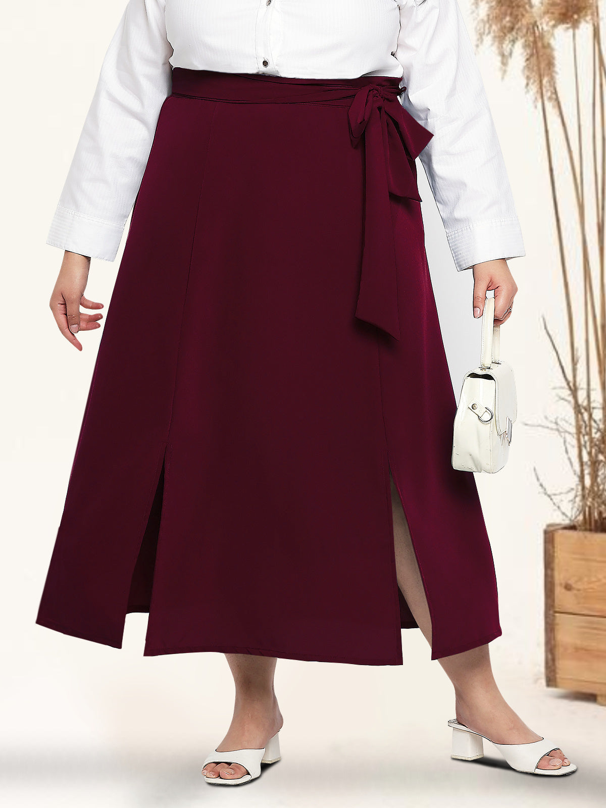 Maroon Plus Size Slit Long Skirt