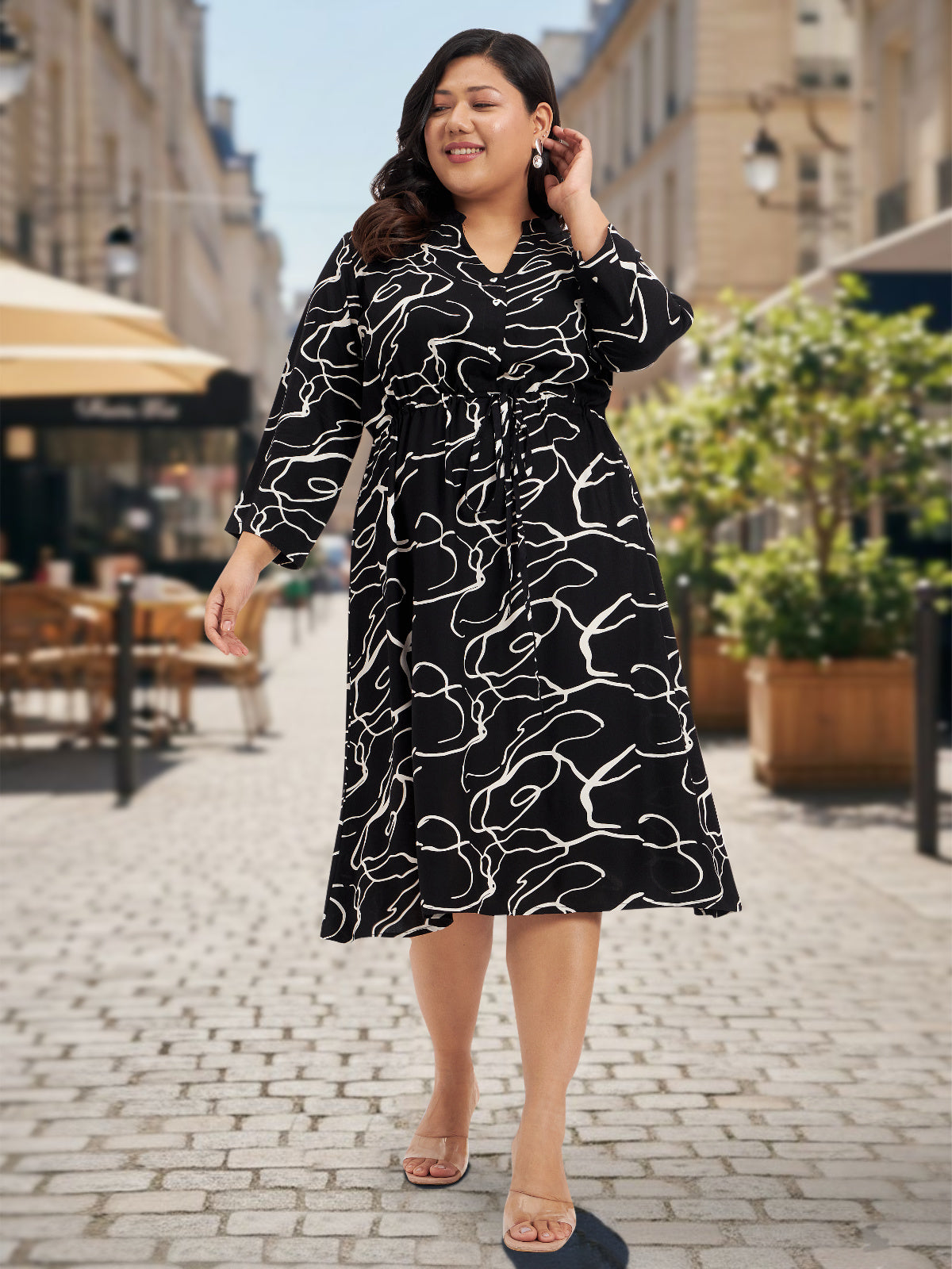 Women Black White Plus Size Midi Shirt Dress