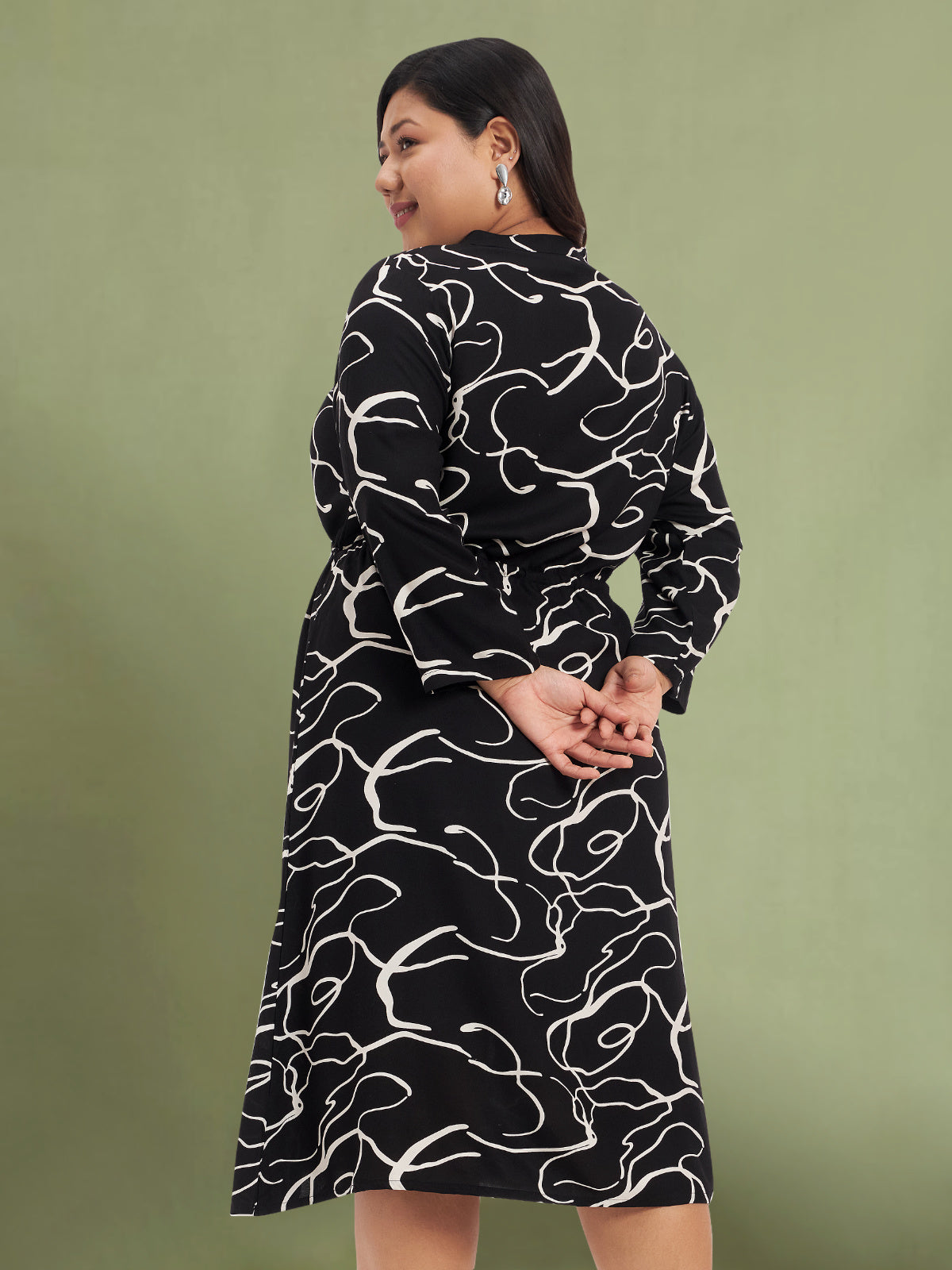Women Black White Plus Size Midi Shirt Dress