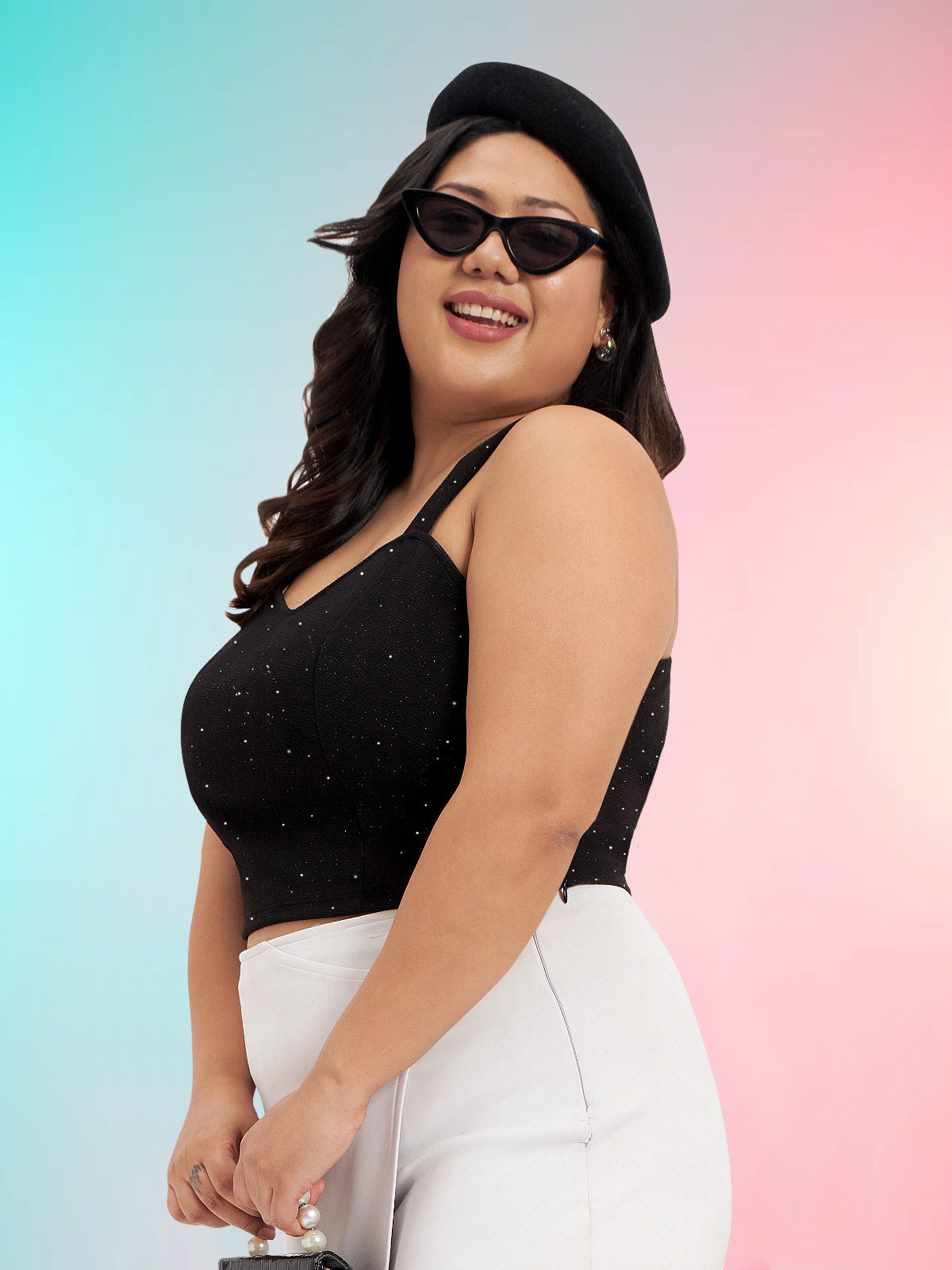 Black Plus Size Glitter Strap Crop Top