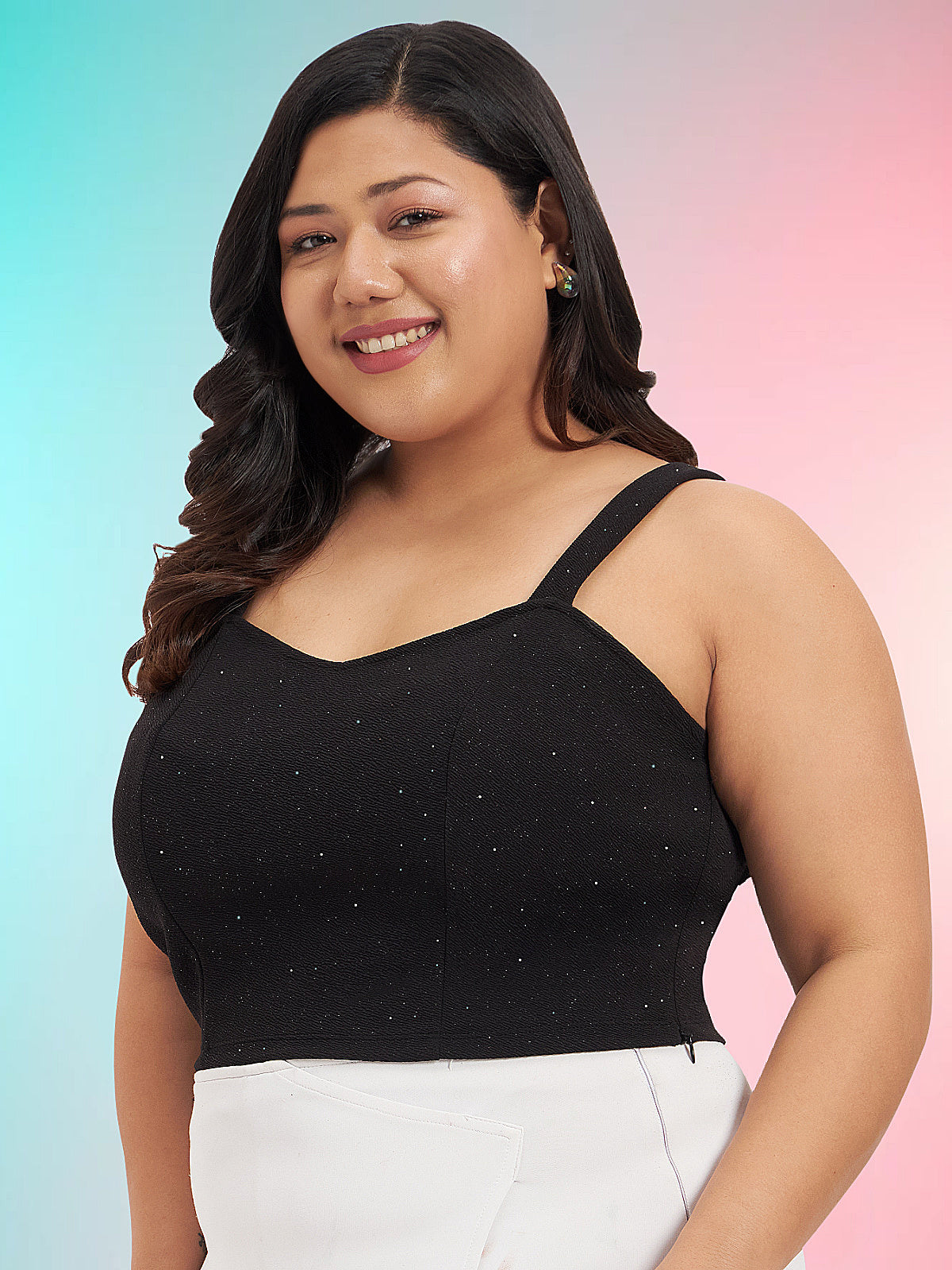 Black Plus Size Glitter Strap Crop Top